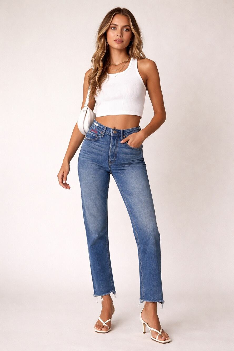 GRLFRND Helena High-Rise Straight Jeans Embroidered “Jade” Raw Hem Size 24